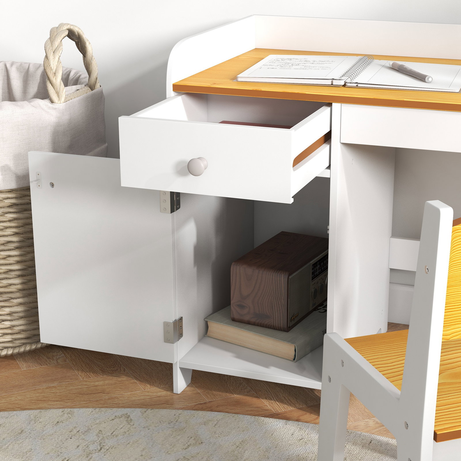 Conjunto de secretária e cadeira para crianças conjunto infantil de 2 peças com gaveta e armário para quarto branco e natural