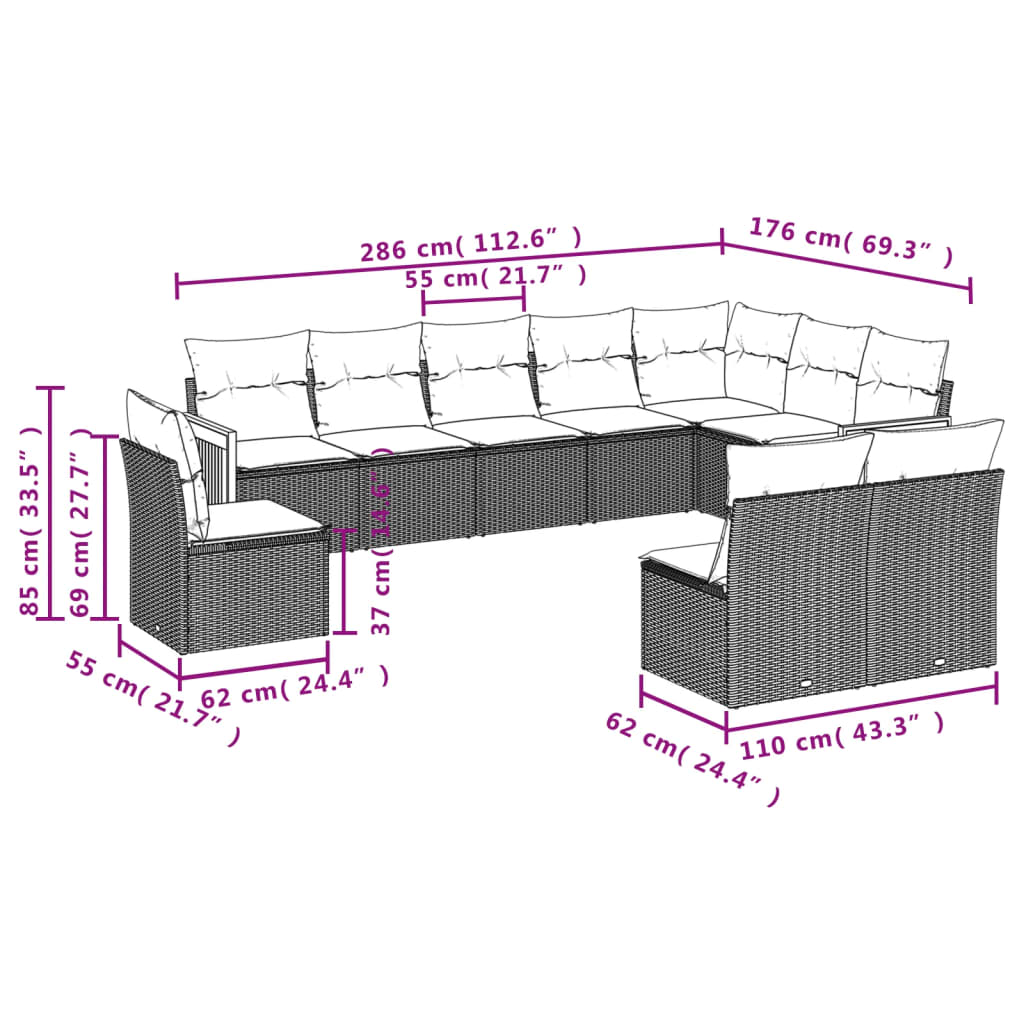 10 Pcs conjunto de sofás p/ jardim com almofadões vime PE bege
