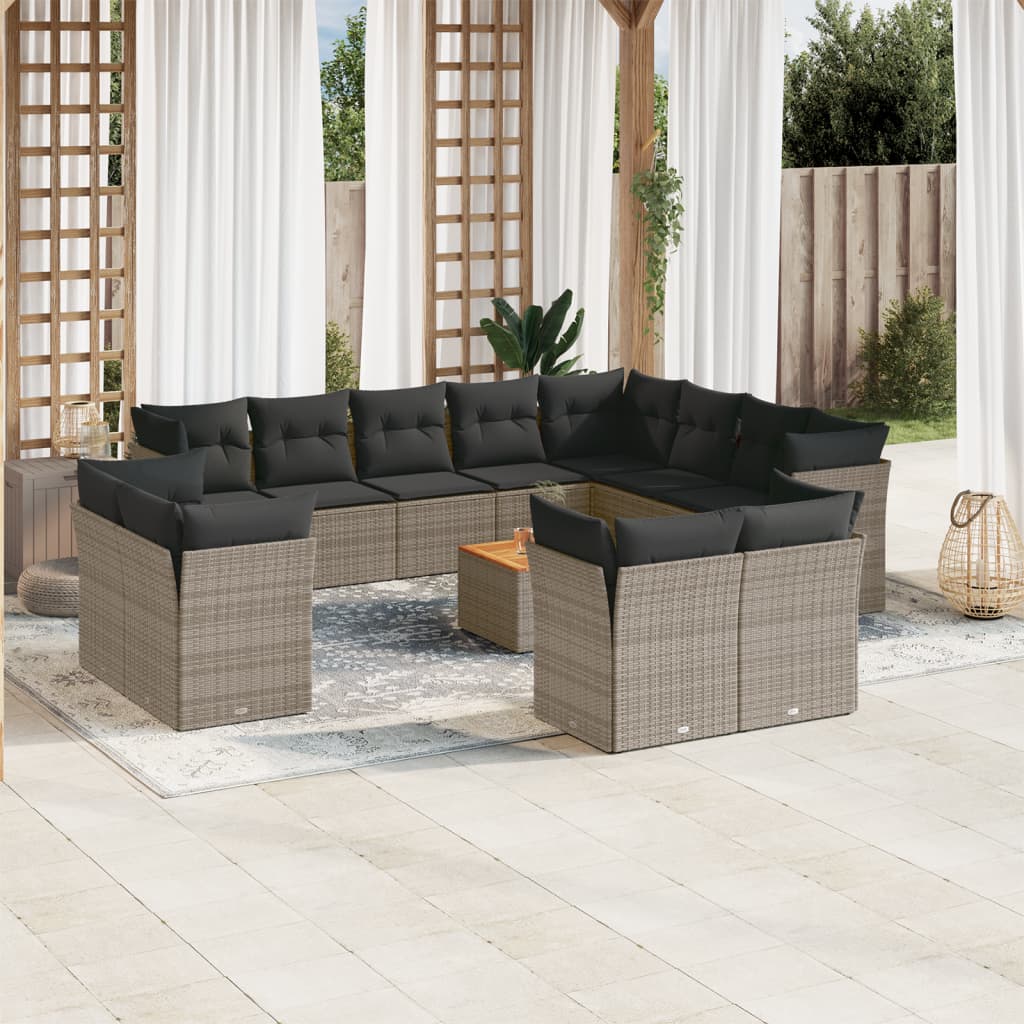 13 Pcs conjunto sofás p/ jardim c/ almofadões vime PE cinzento