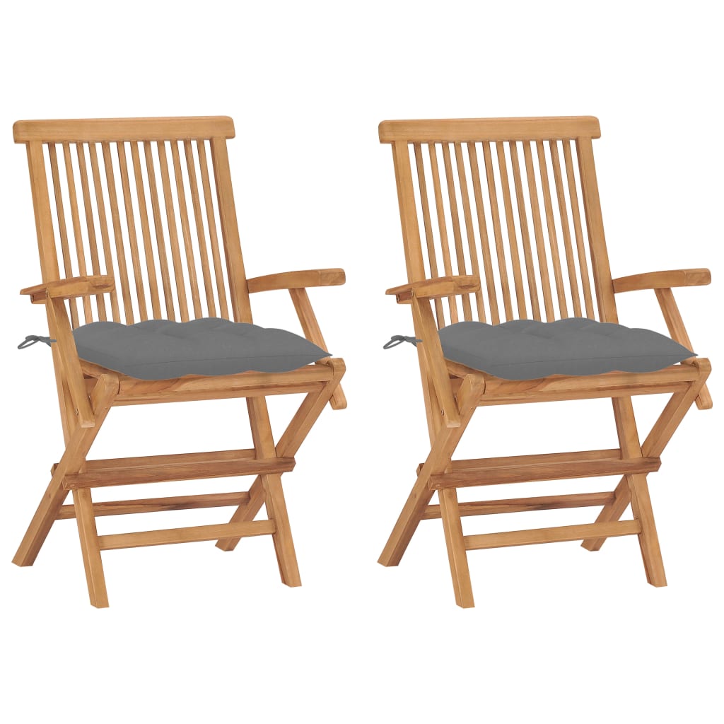 Cadeiras de jardim c/ almofadões cinzentos 2 pcs teca maciça