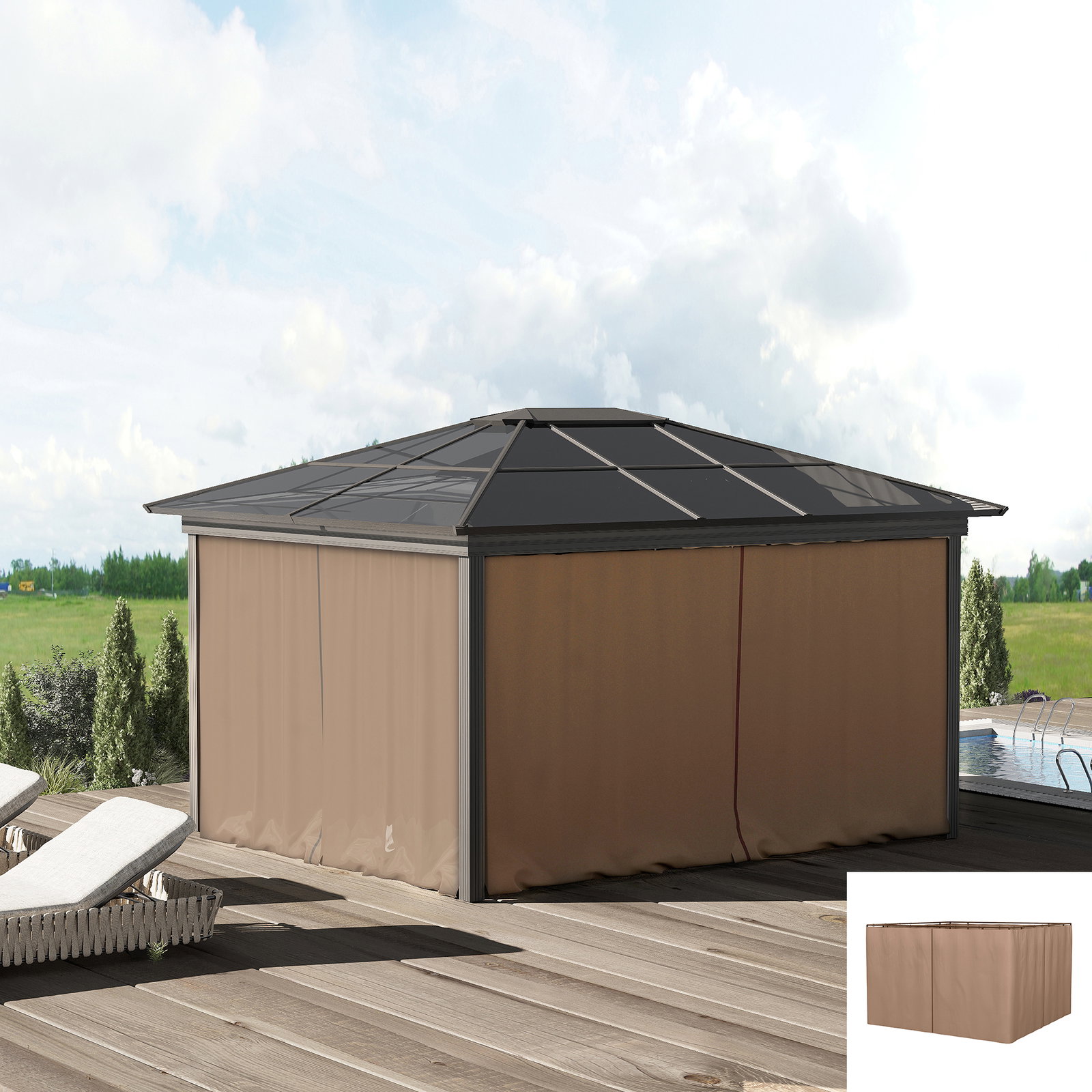 4 Paredes Laterais para Tenda 302x205 cm Laterais para Tenda Universal com Ganchos e Argola em C para Jardim Terraço Marrom