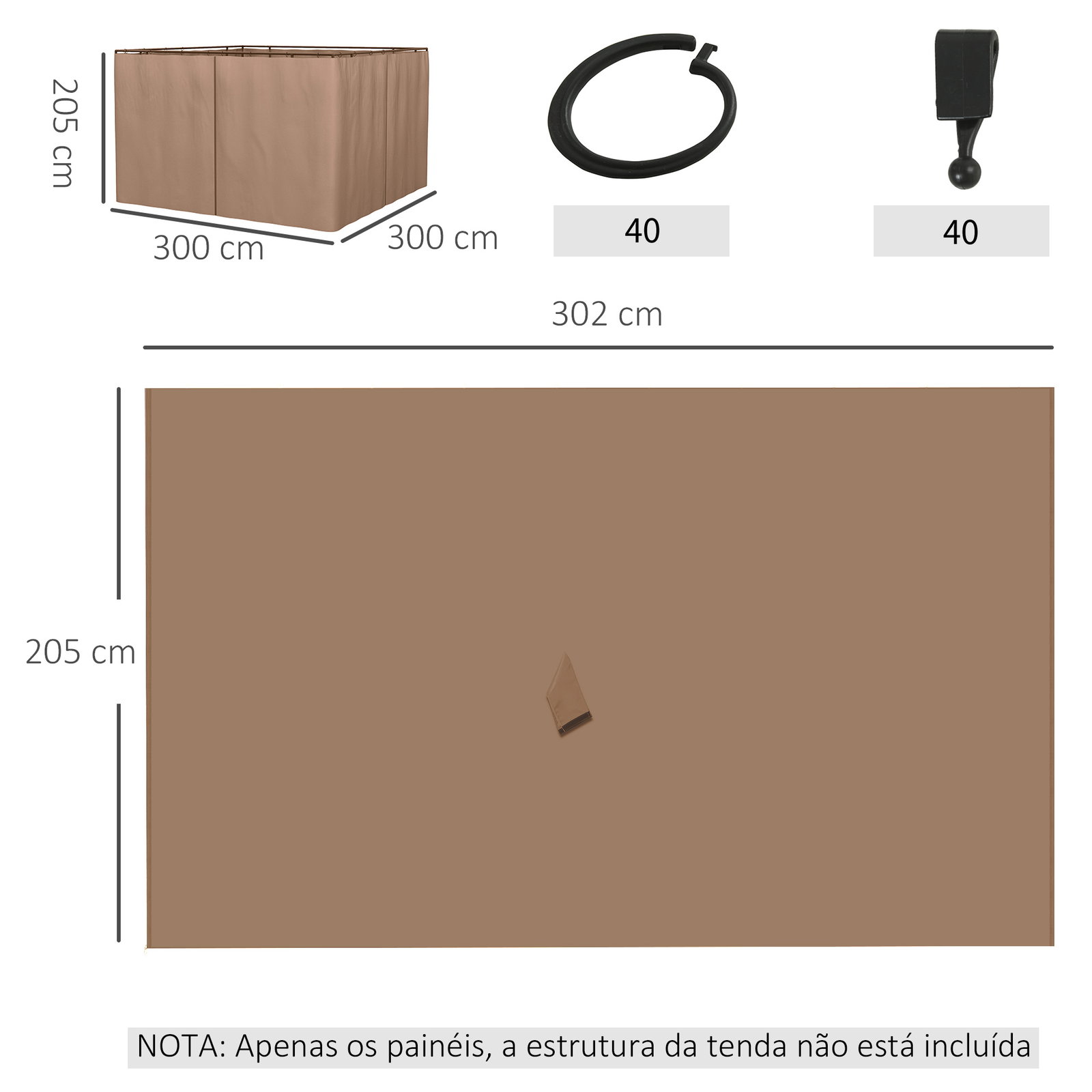 4 Paredes Laterais para Tenda 302x205 cm Laterais para Tenda Universal com Ganchos e Argola em C para Jardim Terraço Marrom