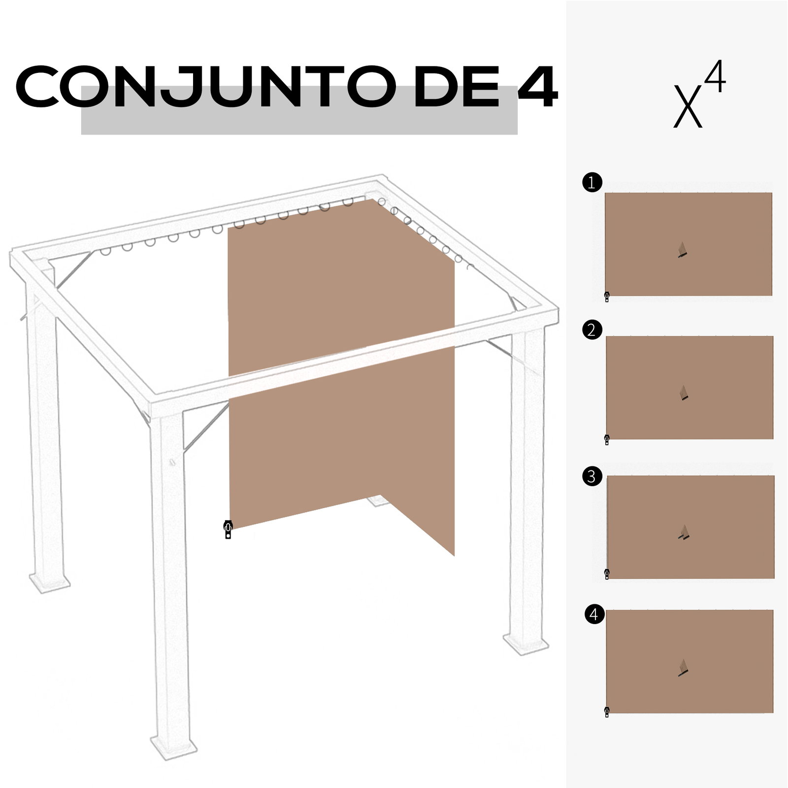 4 Paredes Laterais para Tenda 302x205 cm Laterais para Tenda Universal com Ganchos e Argola em C para Jardim Terraço Marrom