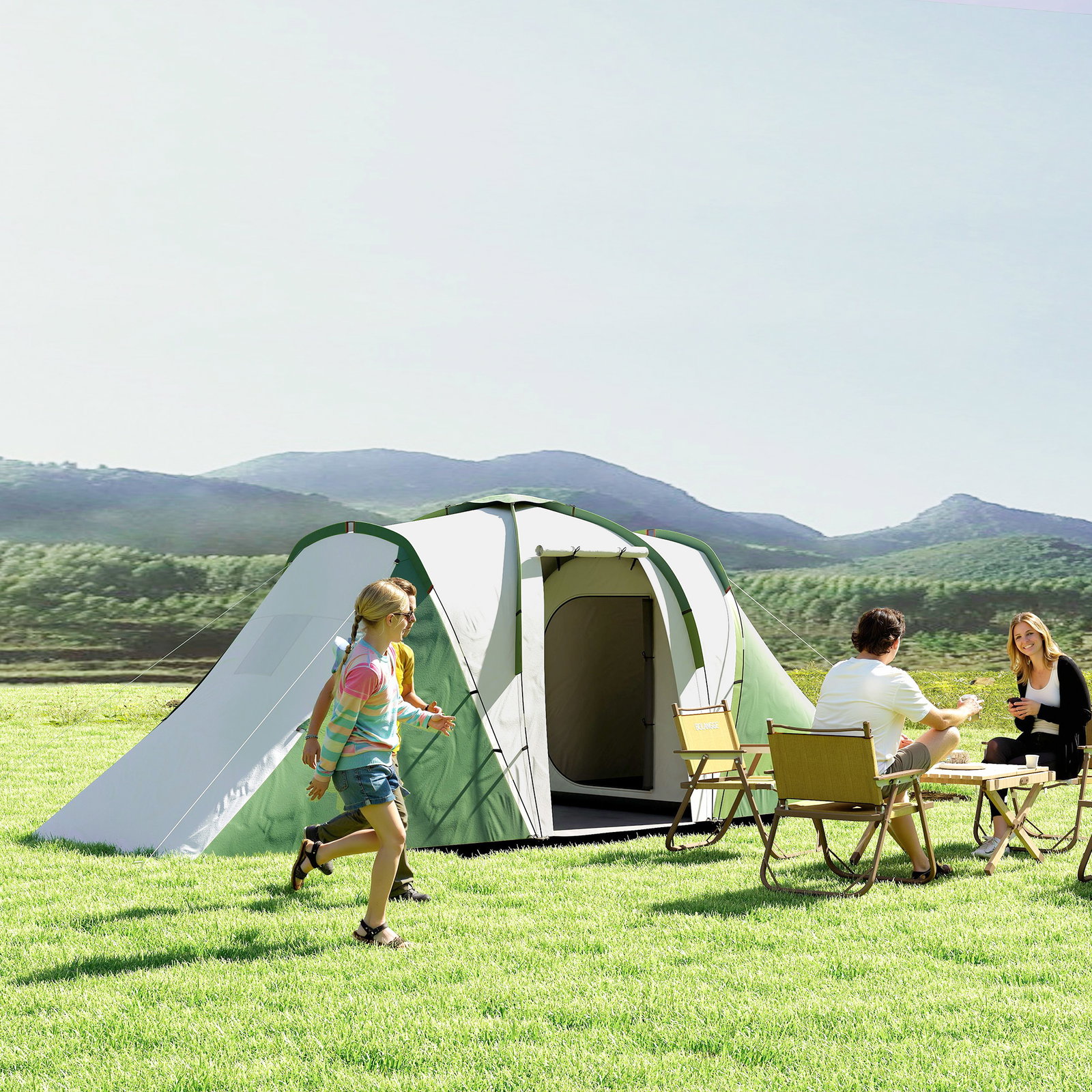 Tenda de campismo familiar para 4-6 pessoas com 2 dormitórios impermeável 3000 mm com bolsa 555x225x190 cm cinza e verde