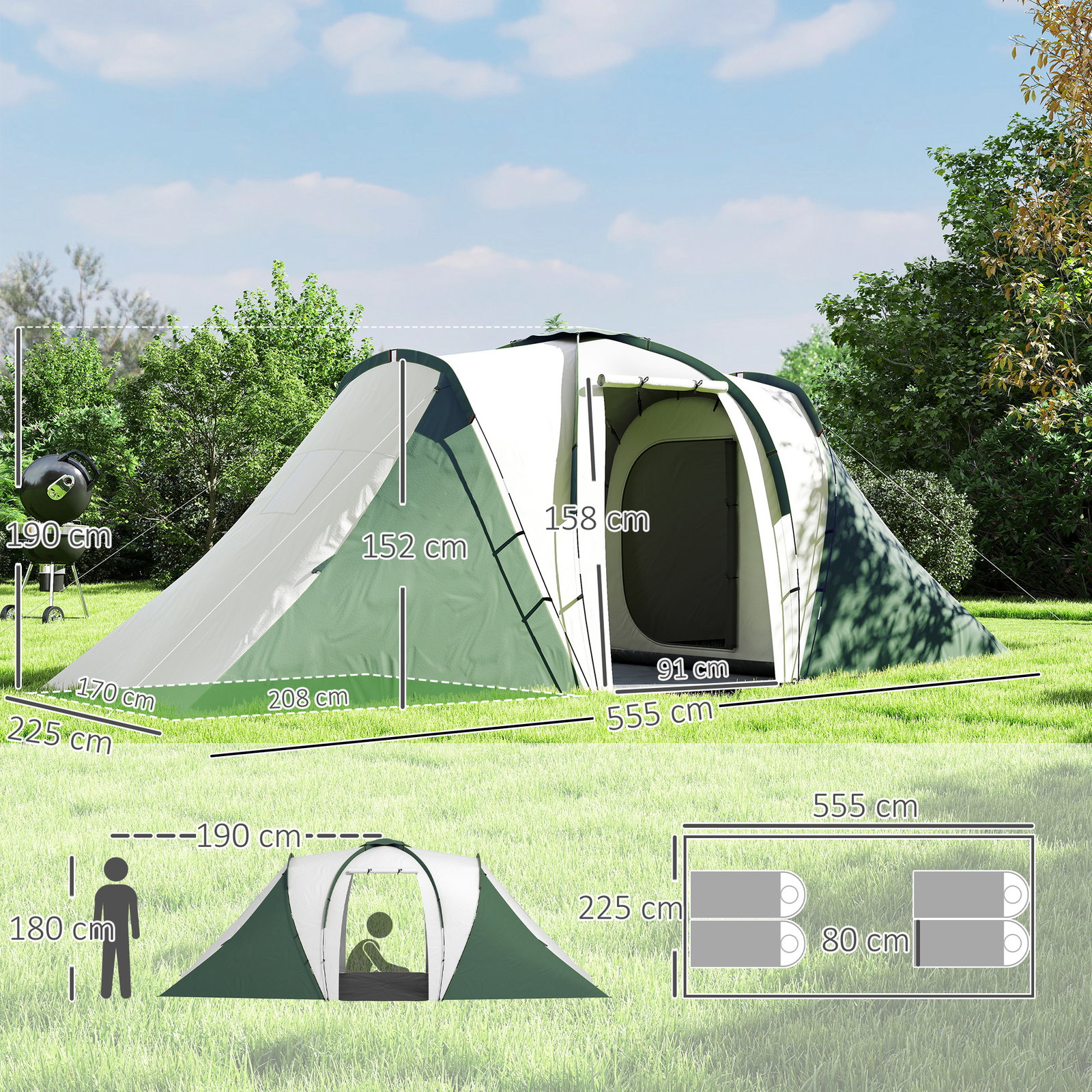 Tenda de campismo familiar para 4-6 pessoas com 2 dormitórios impermeável 3000 mm com bolsa 555x225x190 cm cinza e verde