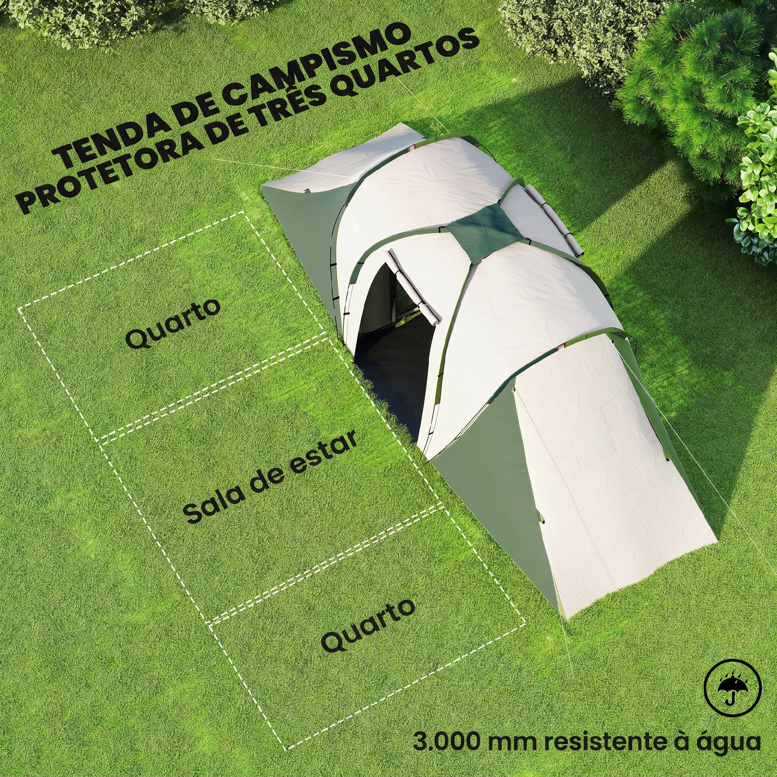 Tenda de campismo familiar para 4-6 pessoas com 2 dormitórios impermeável 3000 mm com bolsa 555x225x190 cm cinza e verde