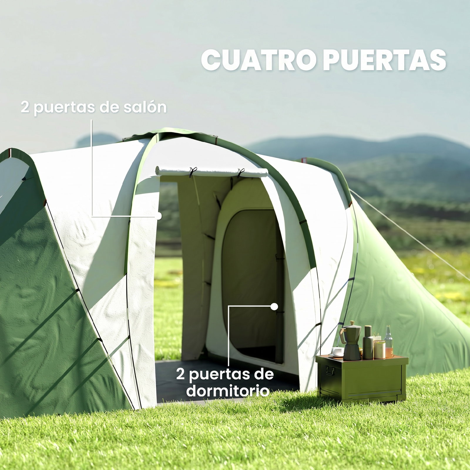 Tenda de campismo familiar para 4-6 pessoas com 2 dormitórios impermeável 3000 mm com bolsa 555x225x190 cm cinza e verde