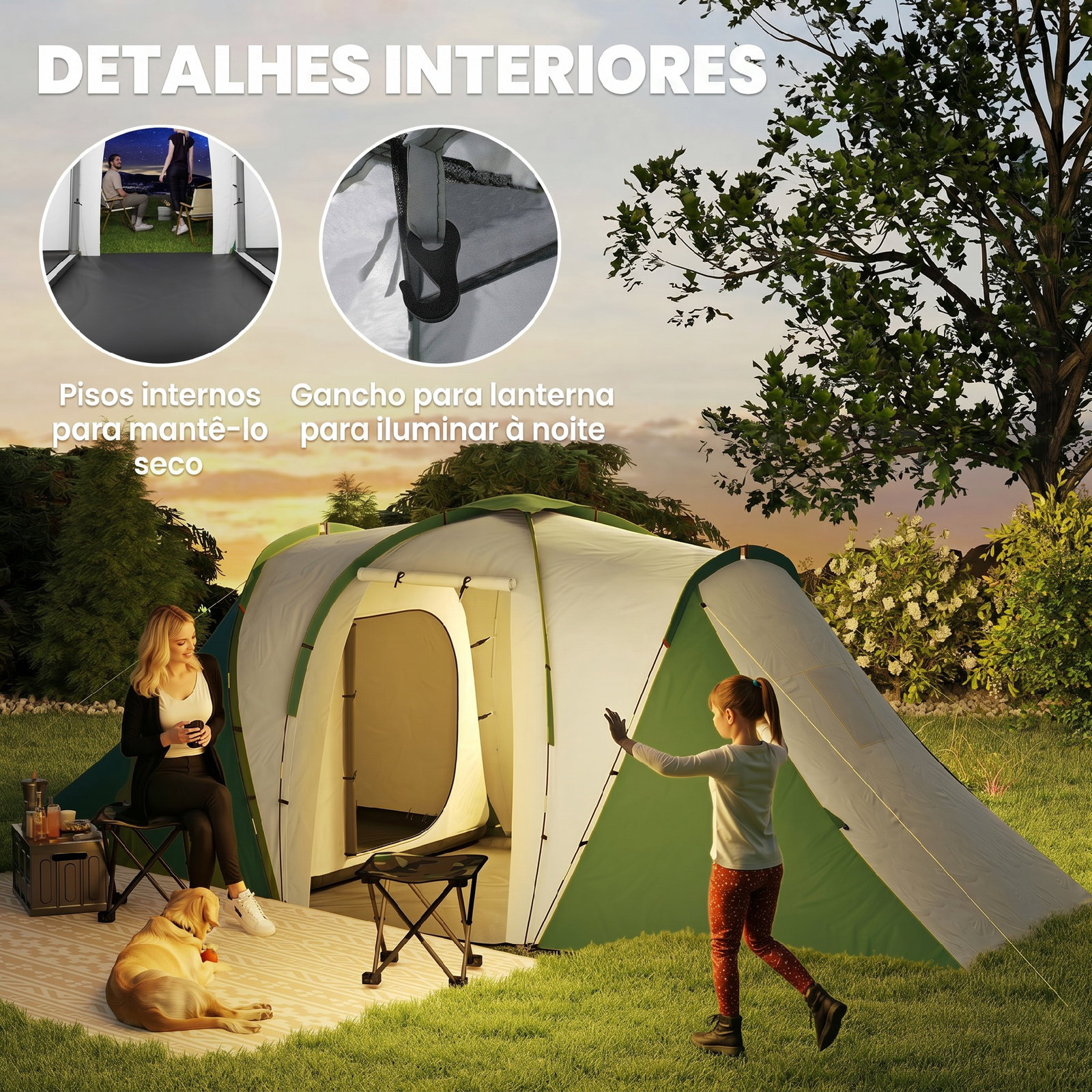 Tenda de campismo familiar para 4-6 pessoas com 2 dormitórios impermeável 3000 mm com bolsa 555x225x190 cm cinza e verde
