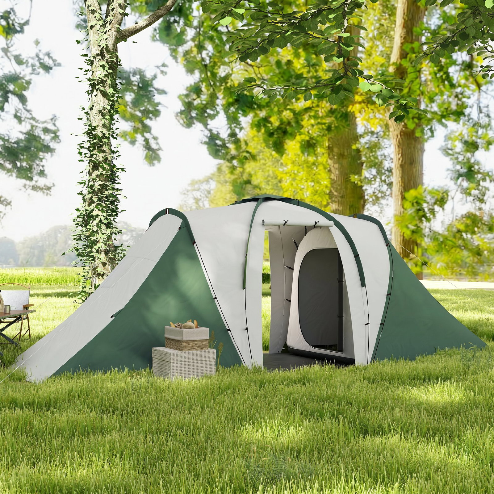 Tenda de campismo familiar para 4-6 pessoas com 2 dormitórios impermeável 3000 mm com bolsa 555x225x190 cm cinza e verde
