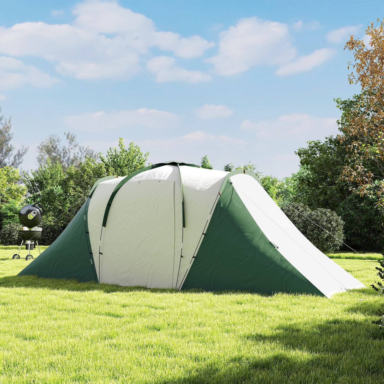 Tenda de campismo familiar para 4-6 pessoas com 2 dormitórios impermeável 3000 mm com bolsa 555x225x190 cm cinza e verde