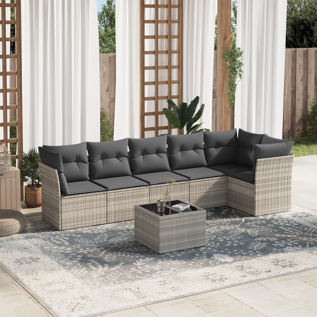 7 Pcs conj. sofás jardim com almofadões vime PE cinzento-claro