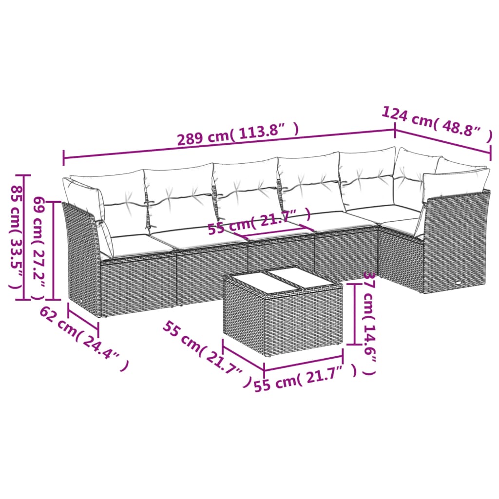 7 Pcs conj. sofás jardim com almofadões vime PE cinzento-claro