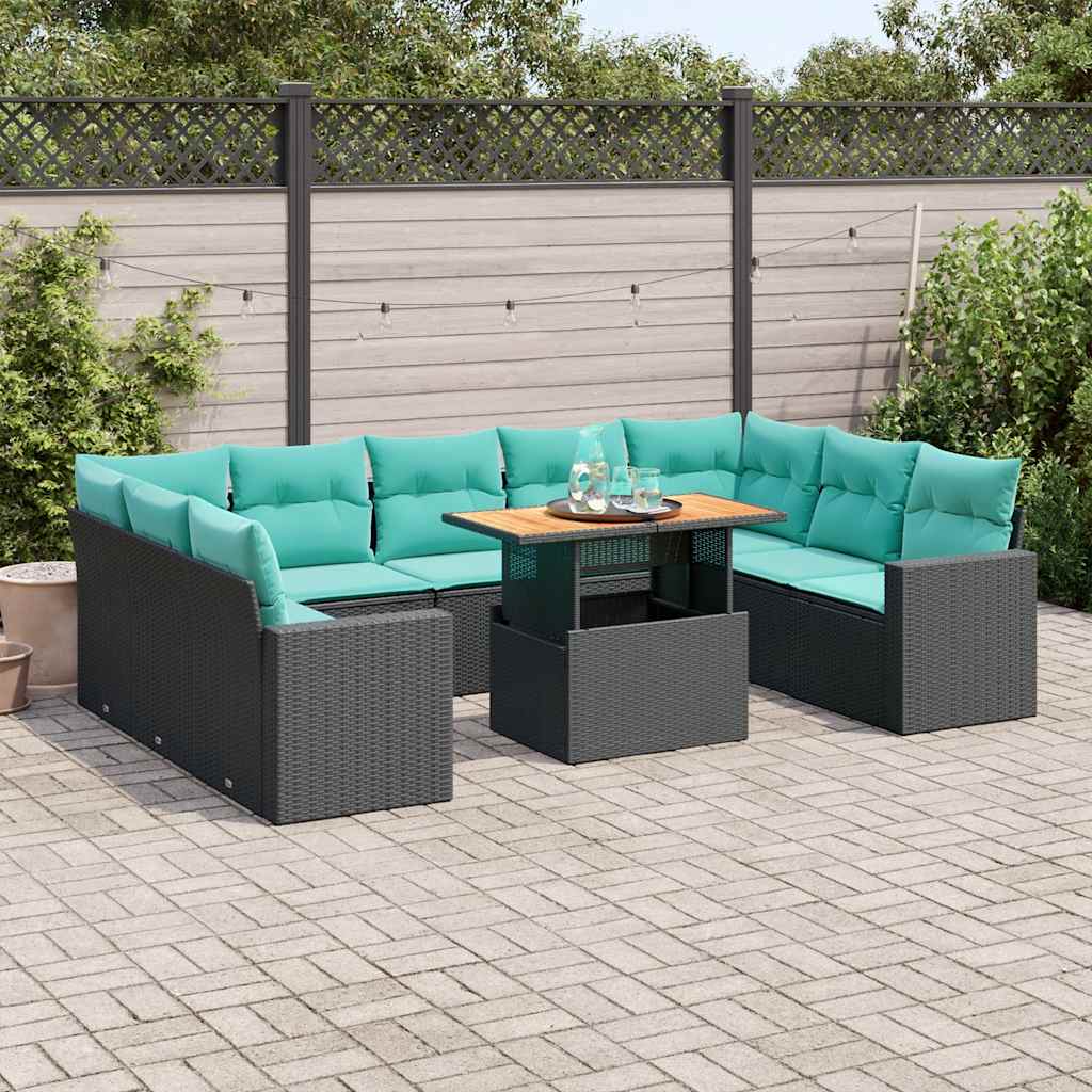 10 Pcs conjunto sofás de jardim c/ almofadões vime PE preto