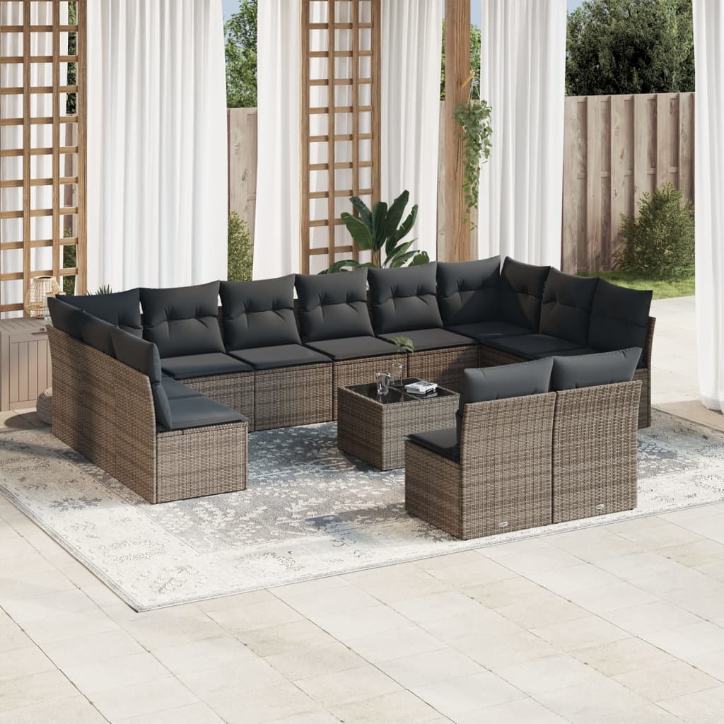 13 Pcs conjunto sofás p/ jardim c/ almofadões vime PE cinzento