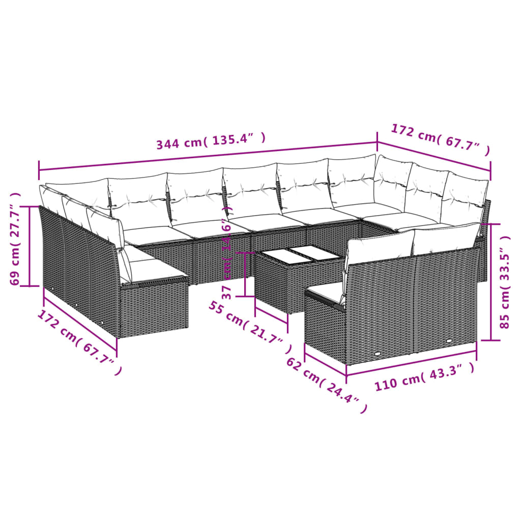 13 Pcs conjunto sofás p/ jardim c/ almofadões vime PE cinzento
