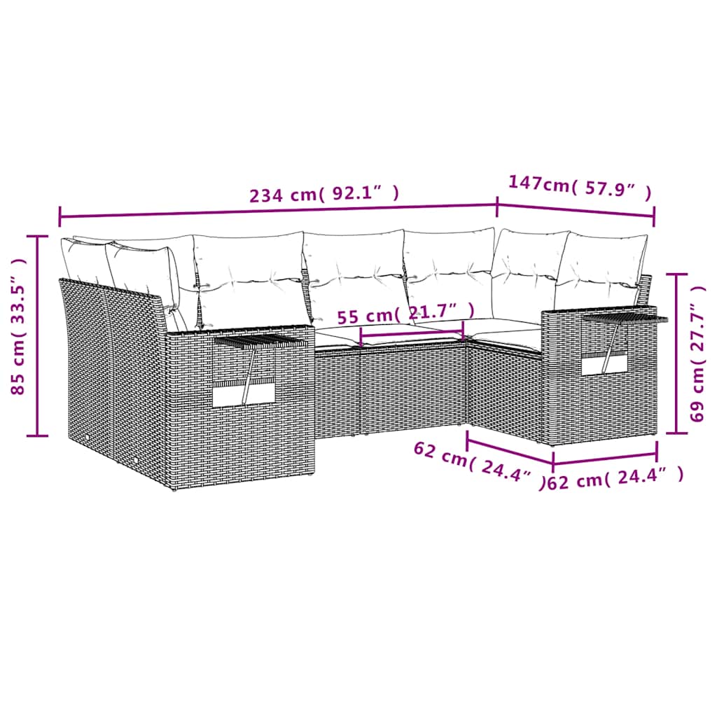Conjunto de sofá de jardim com 6 peças e almofadas em rattan sintético marrom