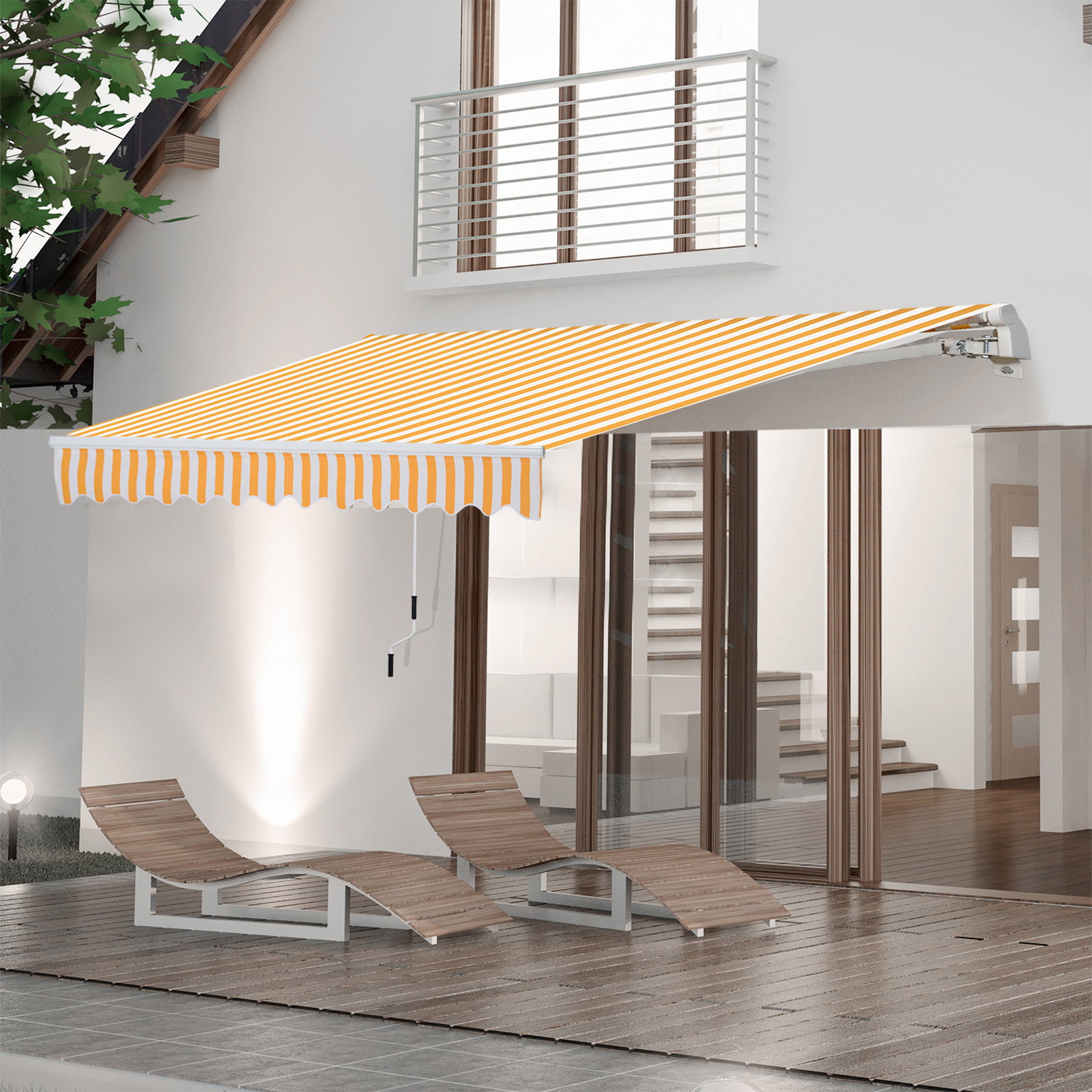 Toldo manual retrátil 350x250 cm, toldo exterior para terraço com ângulo ajustável, braço articulado, montagem à parede, estrutura de alumínio, anti-UV e impermeável, para jardim, laranja