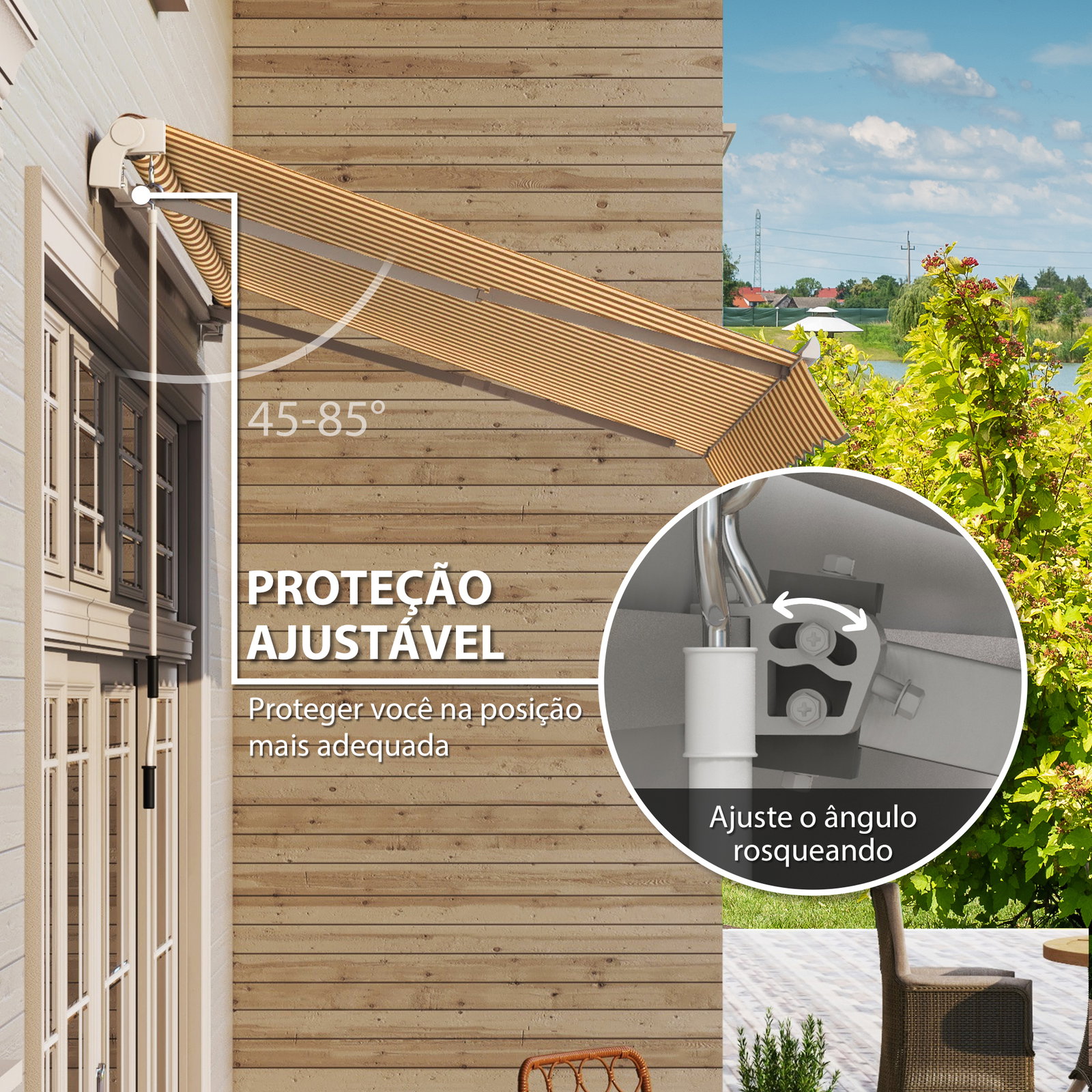 Toldo manual retrátil 350x250 cm, toldo exterior para terraço com ângulo ajustável, braço articulado, montagem à parede, estrutura de alumínio, anti-UV e impermeável, para jardim, laranja
