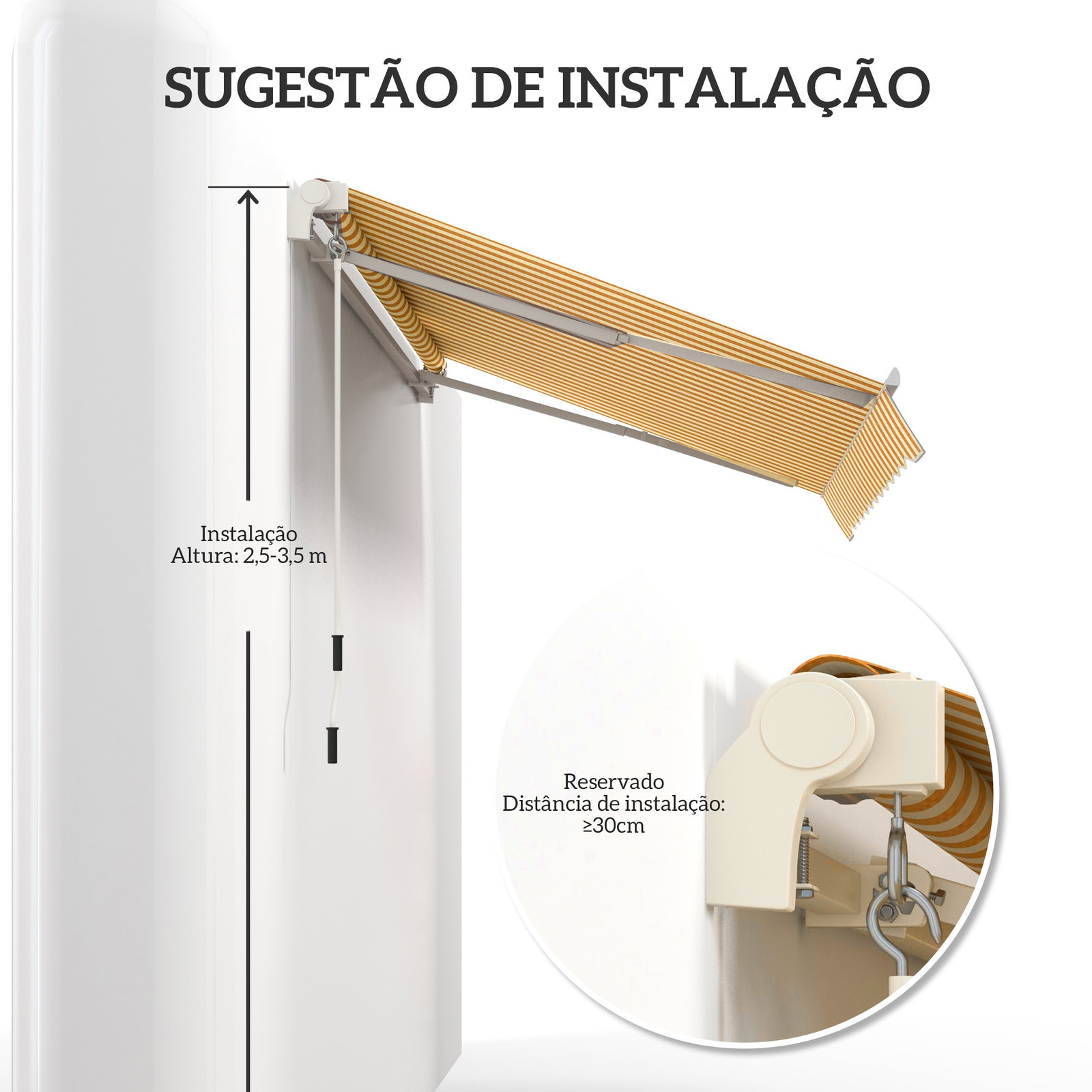 Toldo manual retrátil 350x250 cm, toldo exterior para terraço com ângulo ajustável, braço articulado, montagem à parede, estrutura de alumínio, anti-UV e impermeável, para jardim, laranja