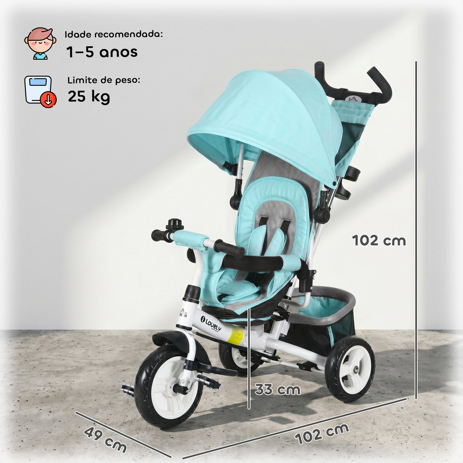 Triciclo para bebés 2 em 1 de +12 meses com capota dobrável guiador telescópico e removível bolsa e porta-garrafas verde água