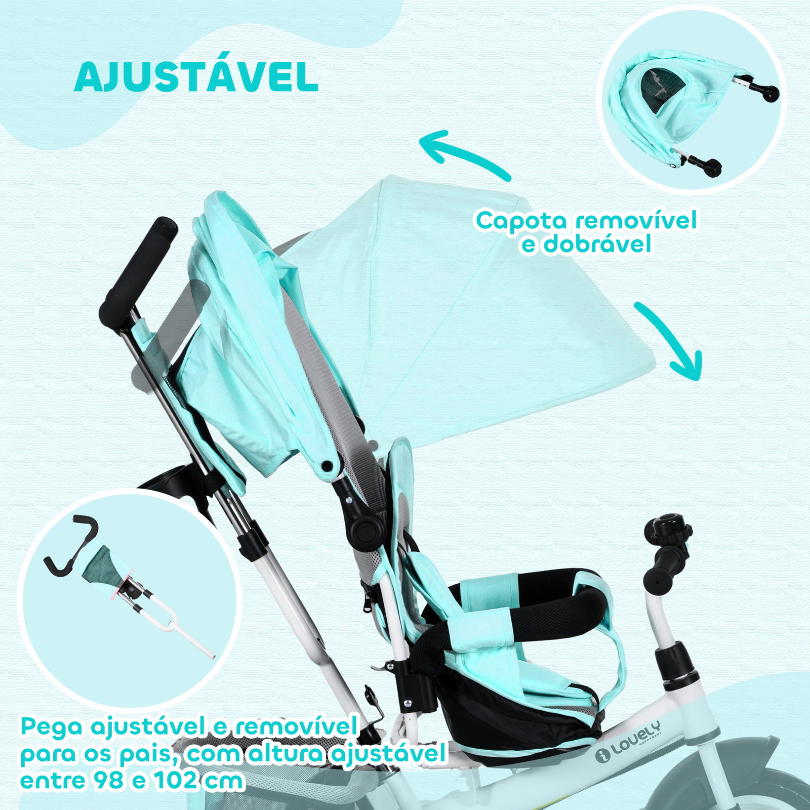 Triciclo para bebés 2 em 1 de +12 meses com capota dobrável guiador telescópico e removível bolsa e porta-garrafas verde água