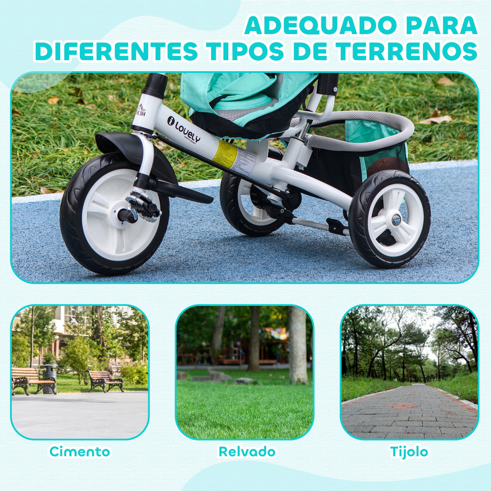 Triciclo para bebés 2 em 1 de +12 meses com capota dobrável guiador telescópico e removível bolsa e porta-garrafas verde água