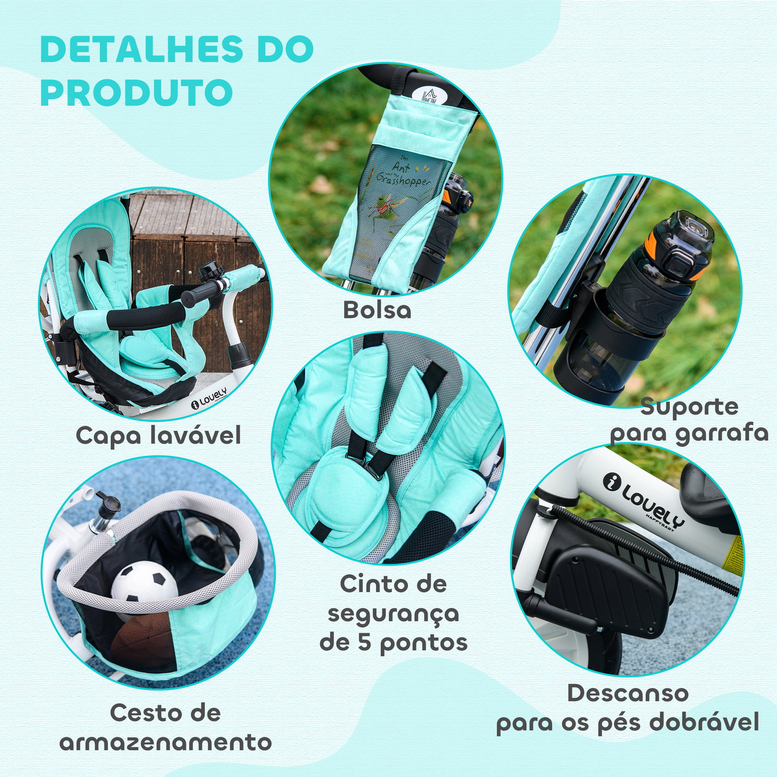 Triciclo para bebés 2 em 1 de +12 meses com capota dobrável guiador telescópico e removível bolsa e porta-garrafas verde água