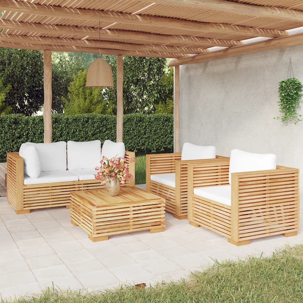 5 Pcs conjunto lounge jardim c/ almofadões madeira teca maciça