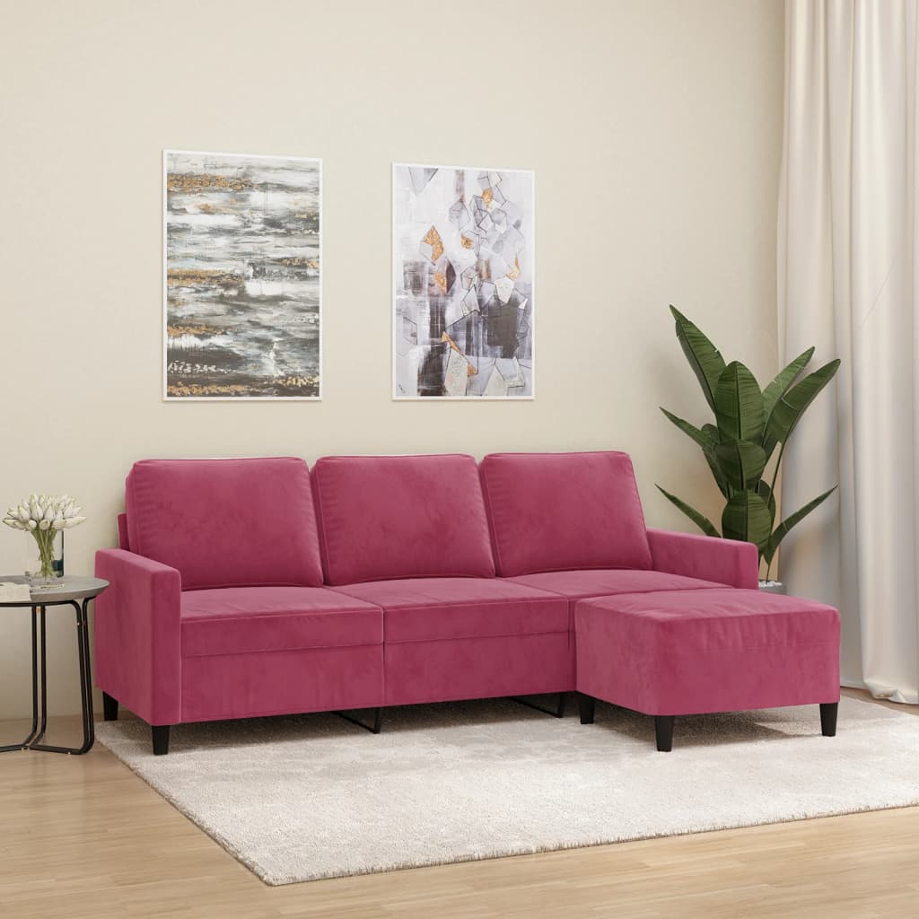 Sofá de 3 lugares com apoio de pés 180 cm veludo vermelho tinto