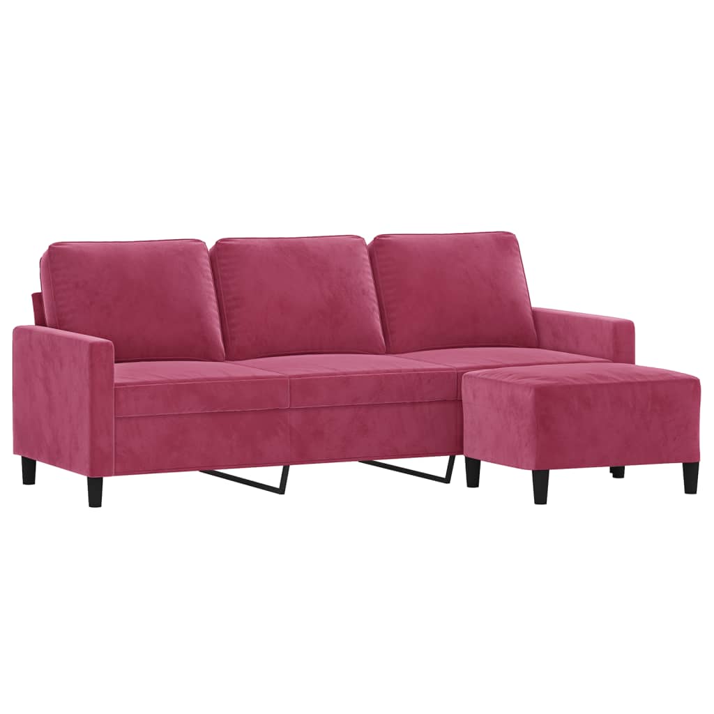 Sofá de 3 lugares com apoio de pés 180 cm veludo vermelho tinto