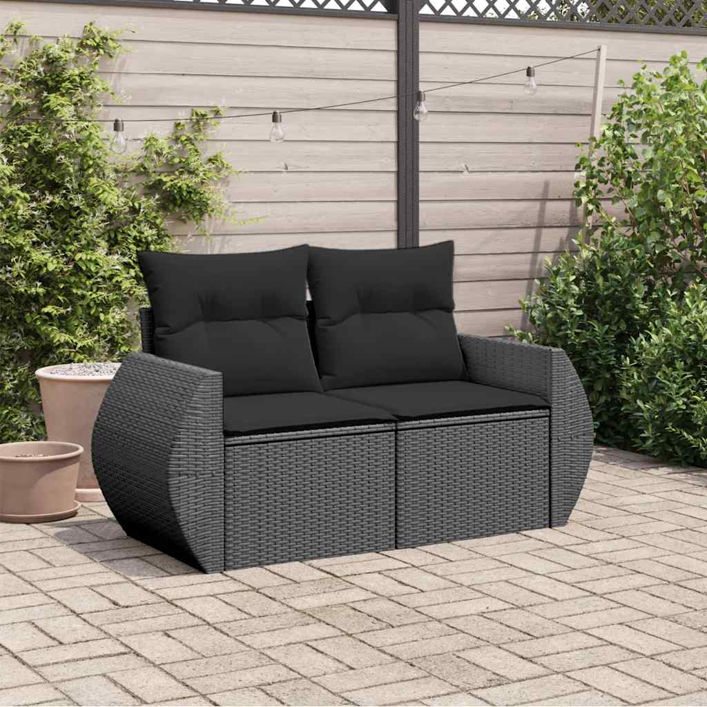 Sofá de jardim com almofadas, 2 lugares, vime sintético preto