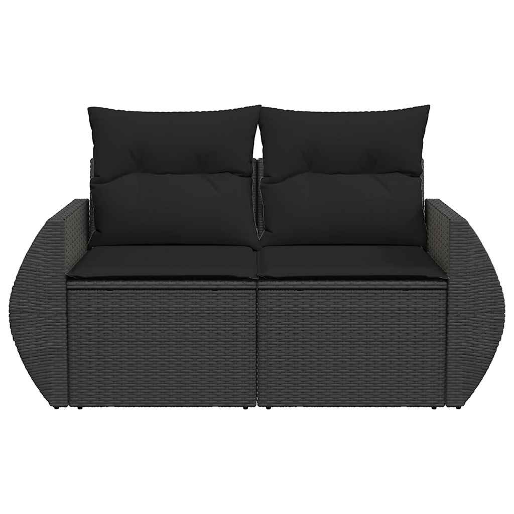 Sofá de jardim com almofadas, 2 lugares, vime sintético preto