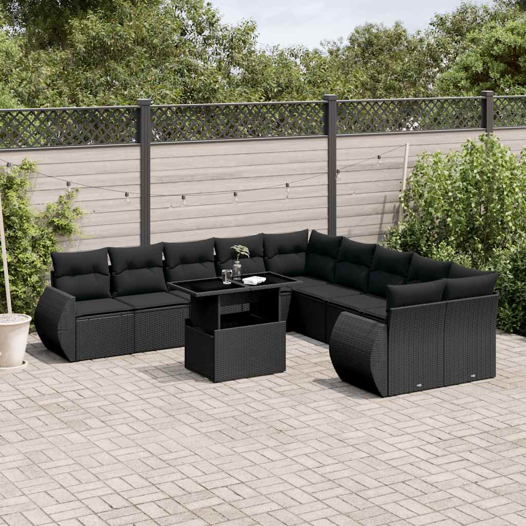 11 Pcs conjunto sofás de jardim c/ almofadões vime PE preto