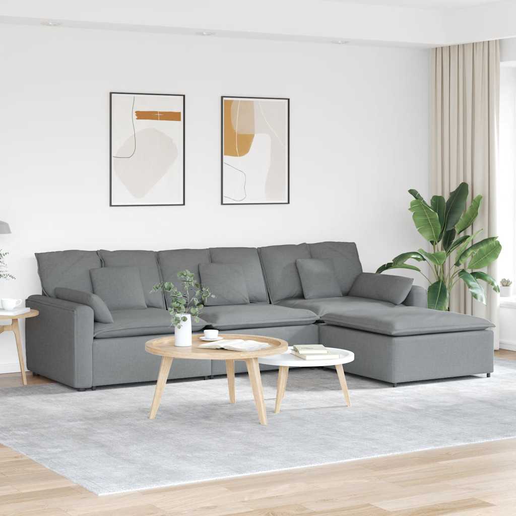 Sofá modular com pufes e almofadas cinzento-claro