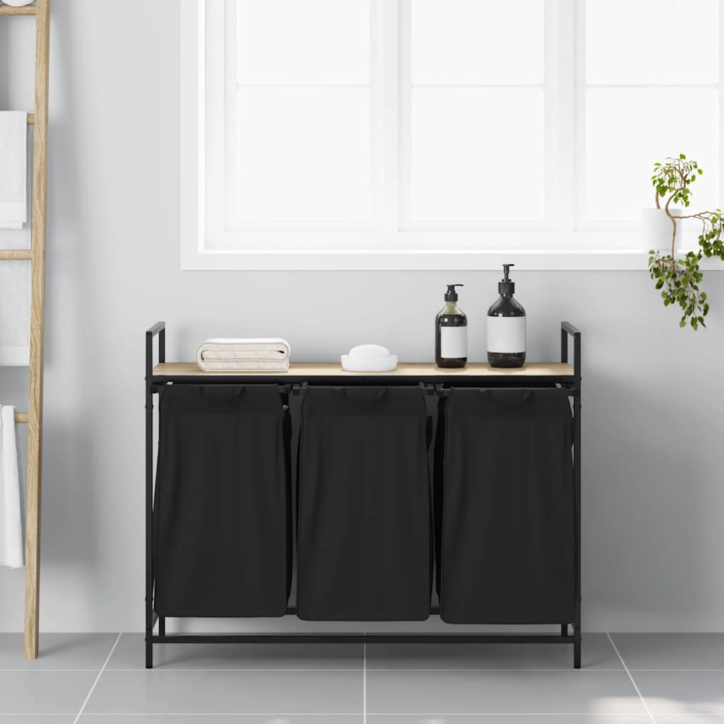Cesto de roupa suja com 3 compartimentos e prateleira, cor carvalho sonoma