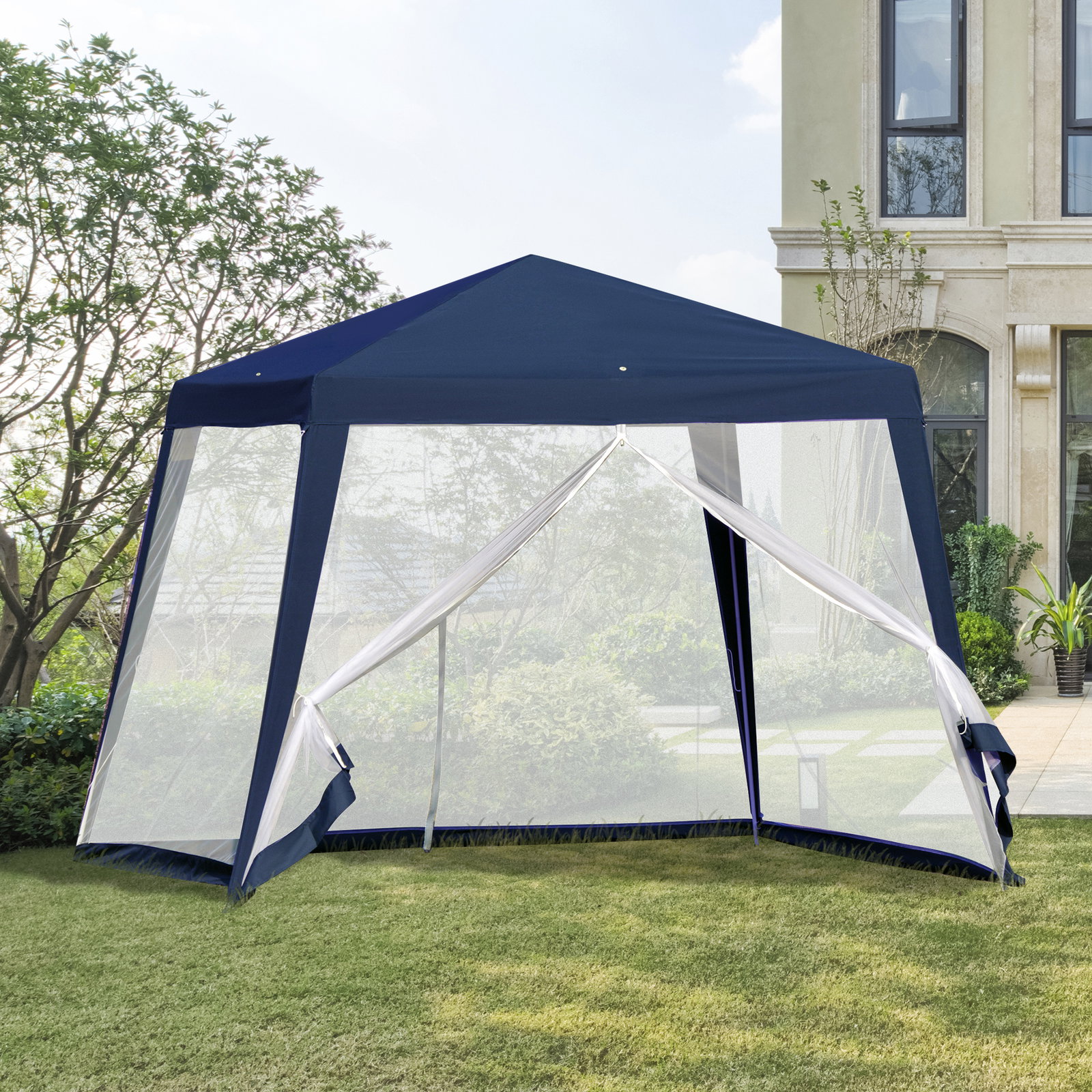Tenda de jardim 3x3m tenda com 4 partes laterais rede mosquiteira com zíper proteção UV para patio azul
