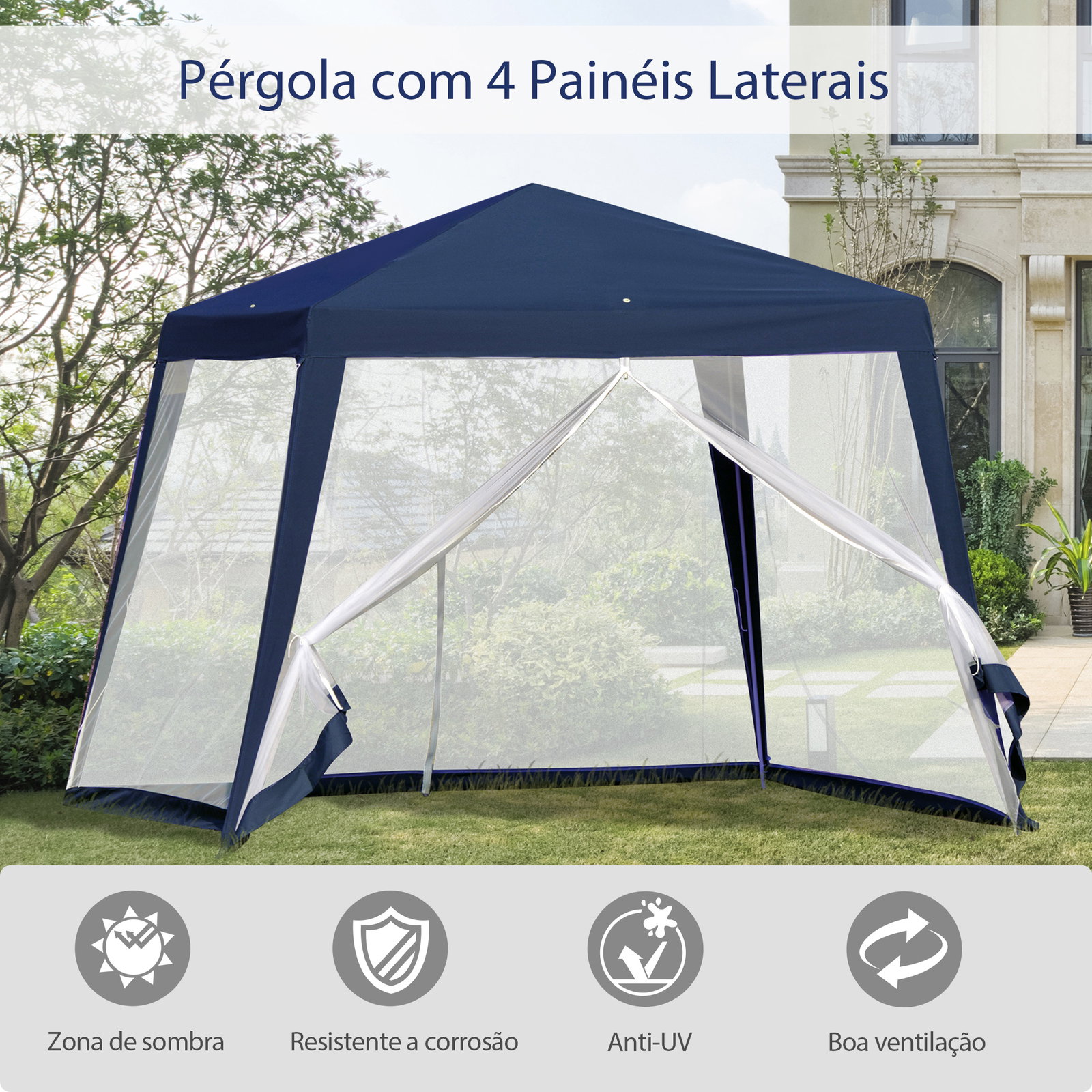 Tenda de jardim 3x3m tenda com 4 partes laterais rede mosquiteira com zíper proteção UV para patio azul