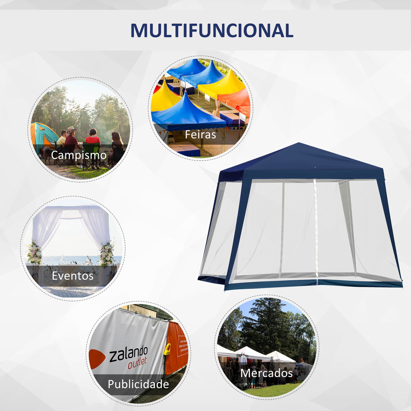 Tenda de jardim 3x3m tenda com 4 partes laterais rede mosquiteira com zíper proteção UV para patio azul