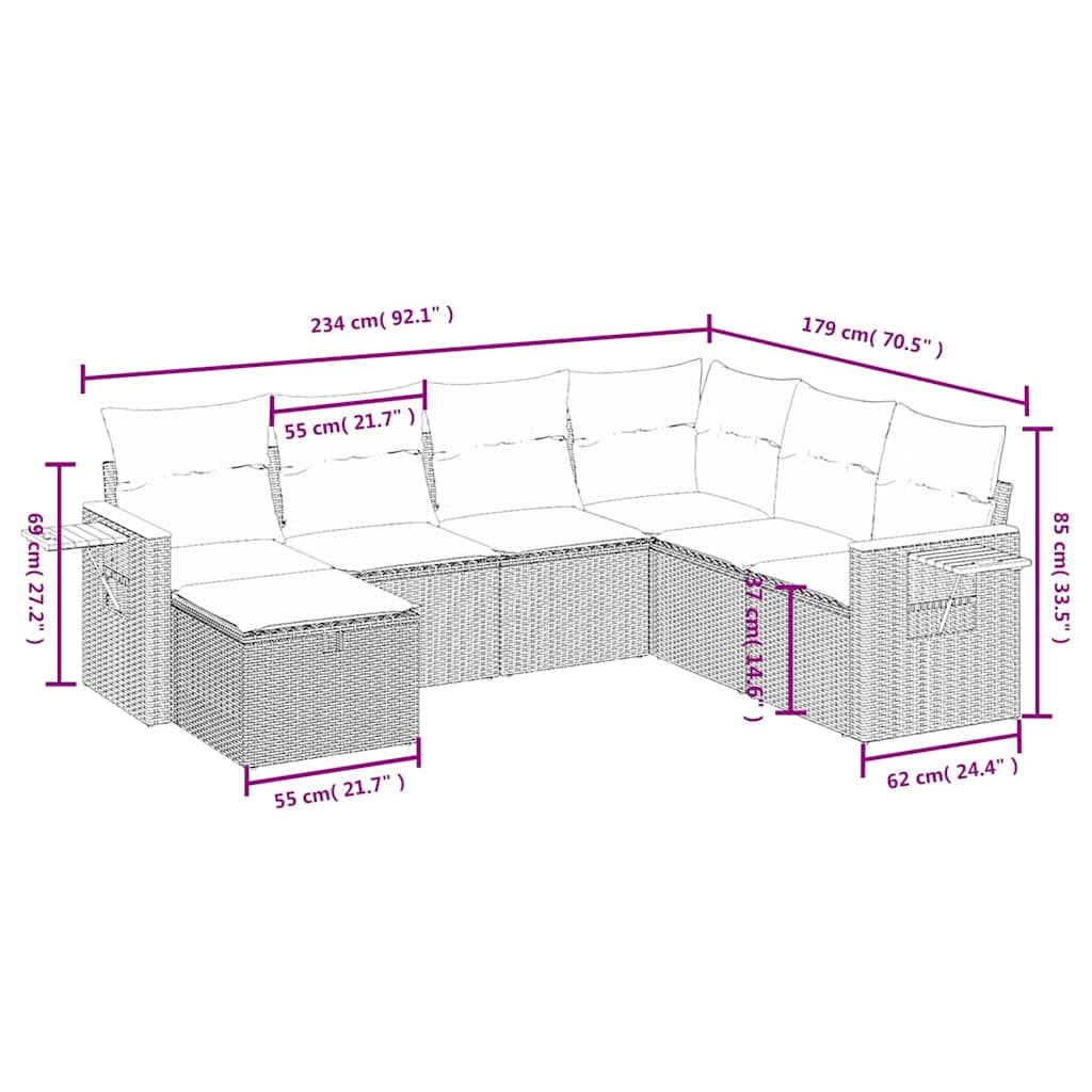 7 Pcs conjunto de sofás p/ jardim c/ almofadões vime PE preto