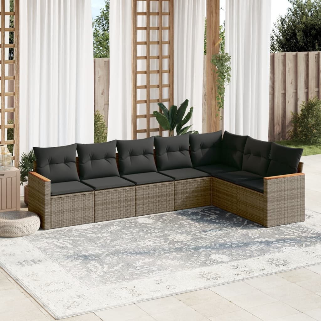 7 Pcs conjunto sofás p/ jardim c/ almofadões vime PE cinzento