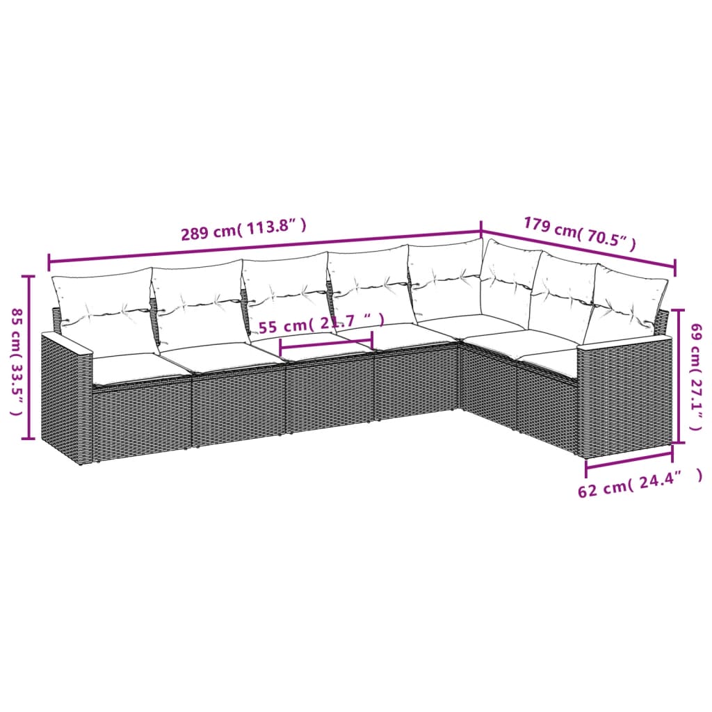 7 Pcs conjunto sofás p/ jardim c/ almofadões vime PE cinzento