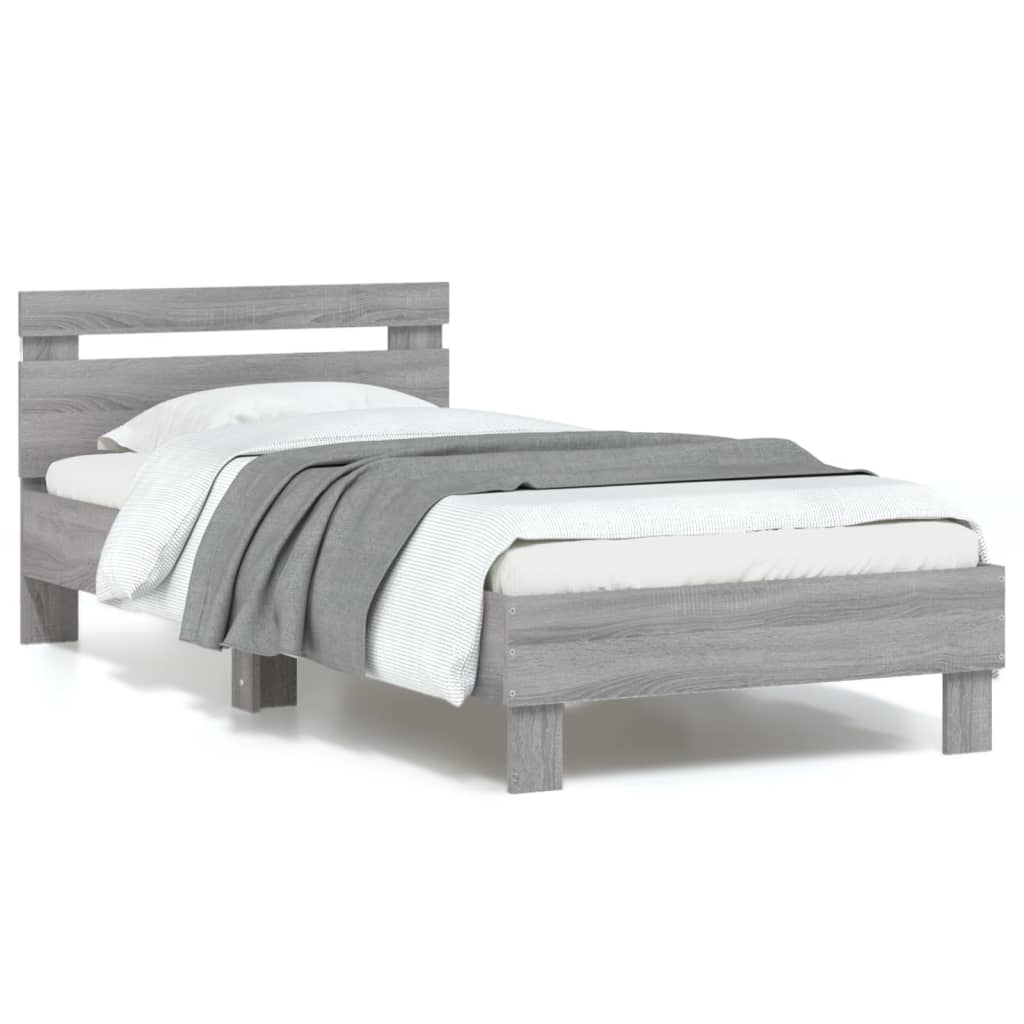 Estrutura de cama c/ cabeceira/luzes LED 90x190 cm cinza sonoma