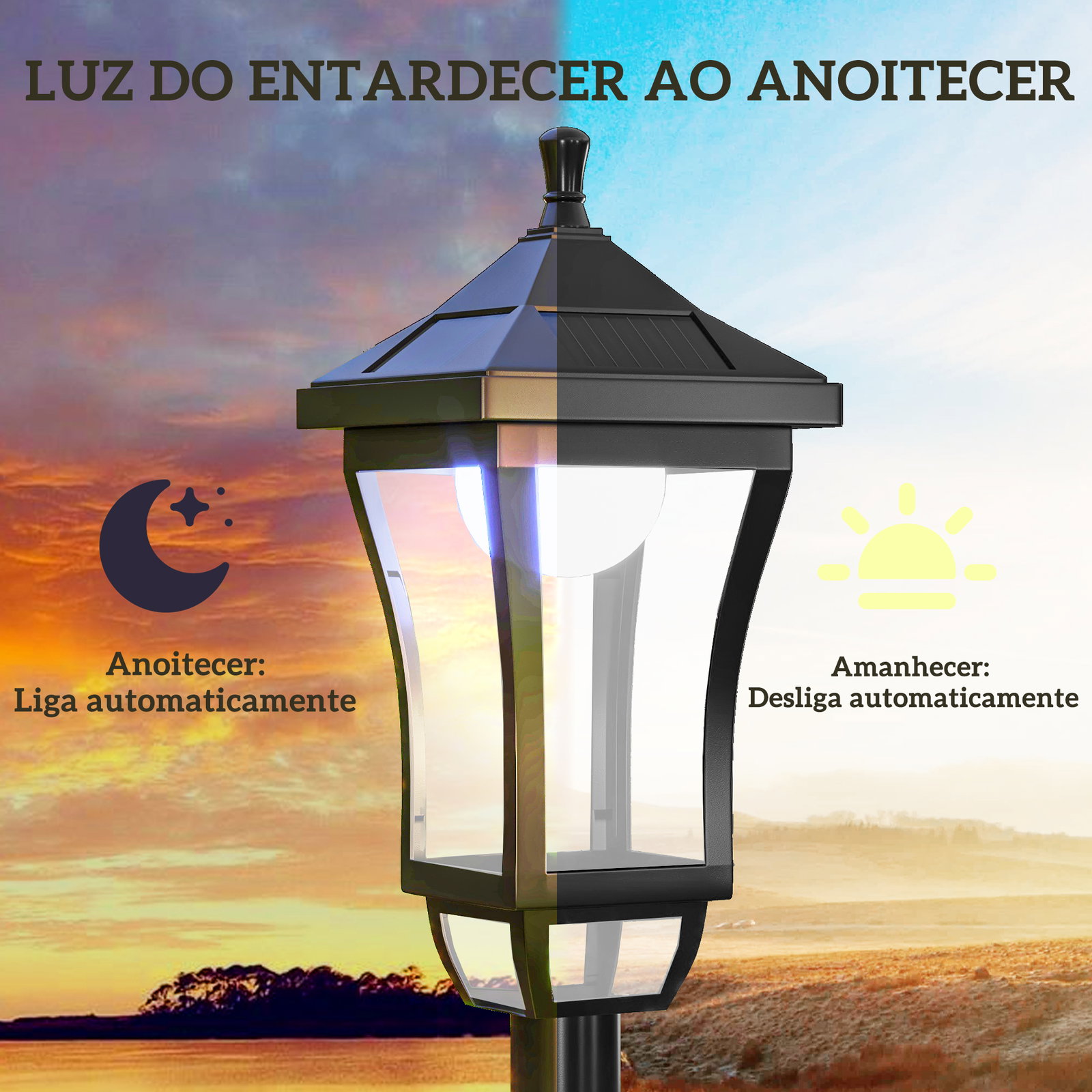 Candeeiro solar de jardim candeeiro com painel solar liga e desliga automaticamente para exterior pátio 15x15x127 cm preto
