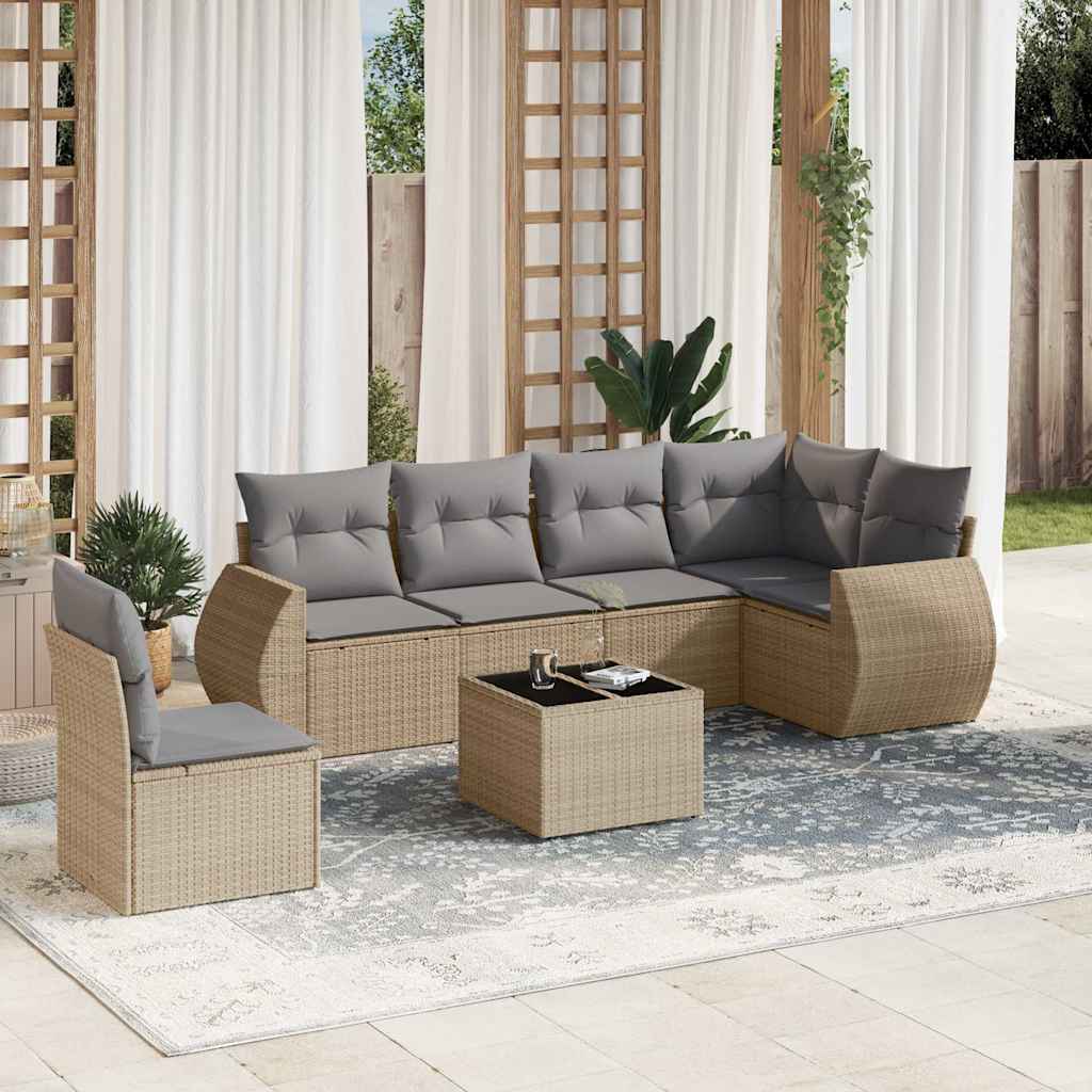 7 Pcs conjunto de sofás p/ jardim com almofadões vime PE bege