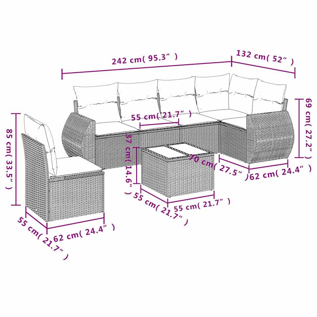 7 Pcs conjunto de sofás p/ jardim com almofadões vime PE bege