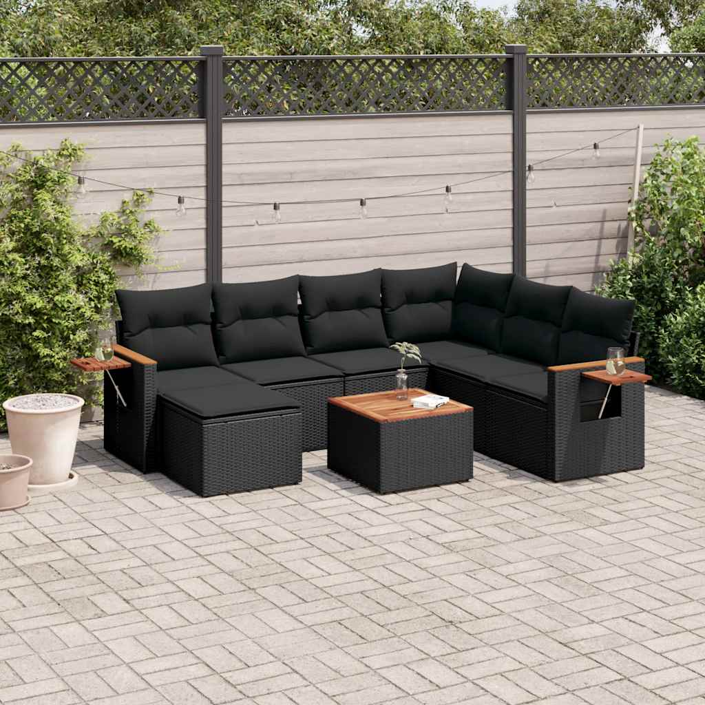 8 Pcs conjunto sofás de jardim com almofadões vime PE preto