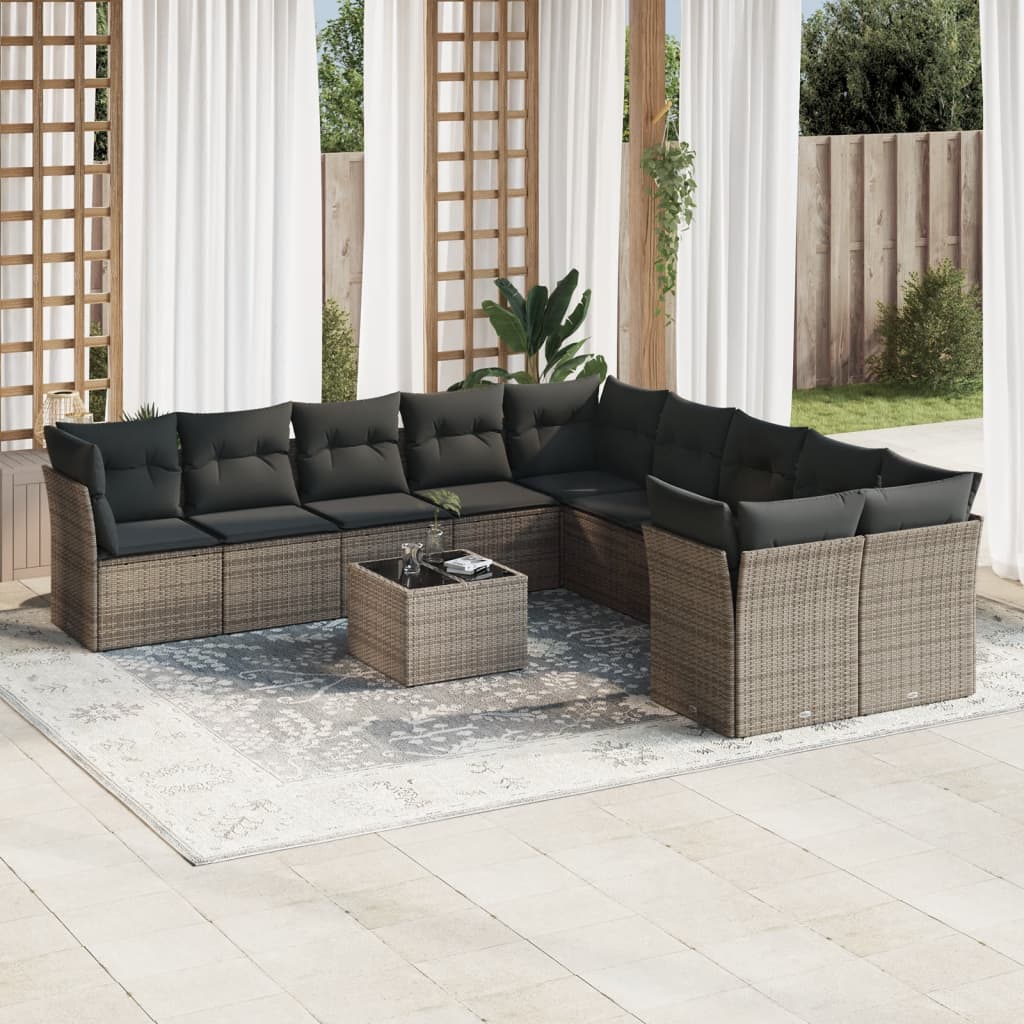 11 Pcs conjunto sofás de jardim c/ almofadões vime PE cinzento