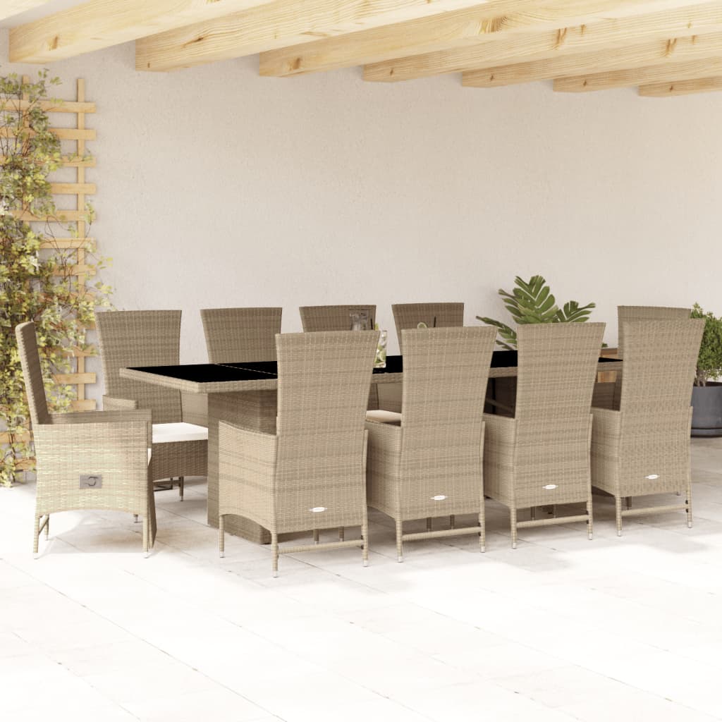 11 Pcs conjunto de jantar p/ jardim com almofadões vime PE bege