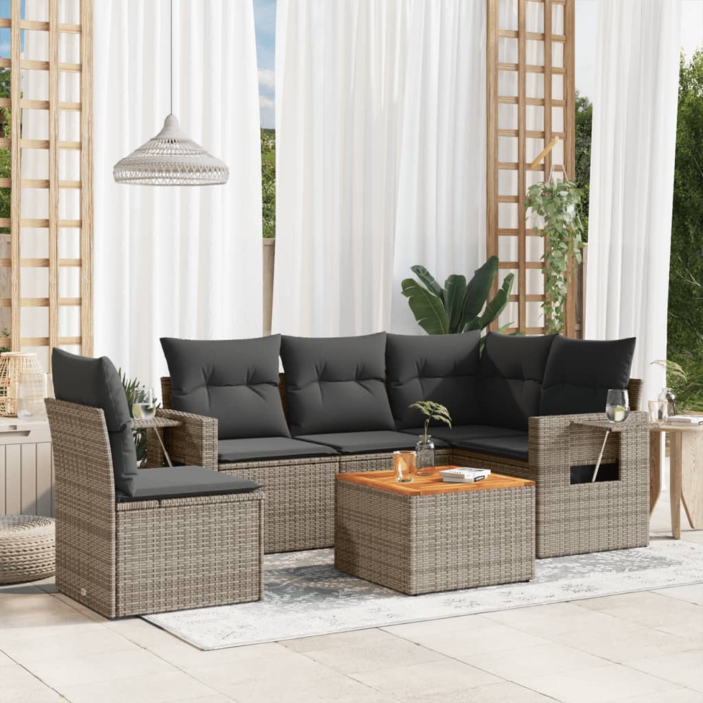6 Pcs conjunto sofás de jardim com almofadões vime cinzento