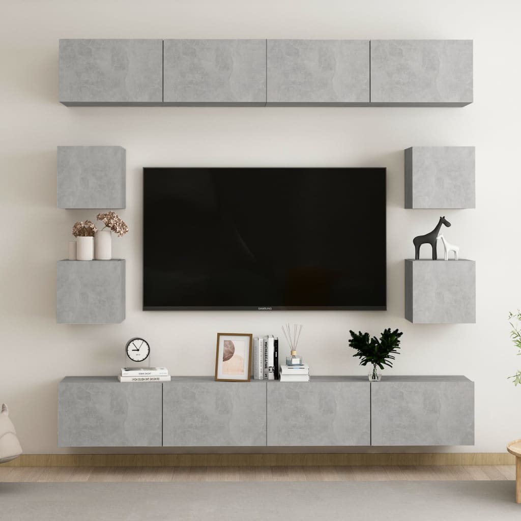 8 Pcs conjunto de móveis de TV contraplacado cinzento cimento
